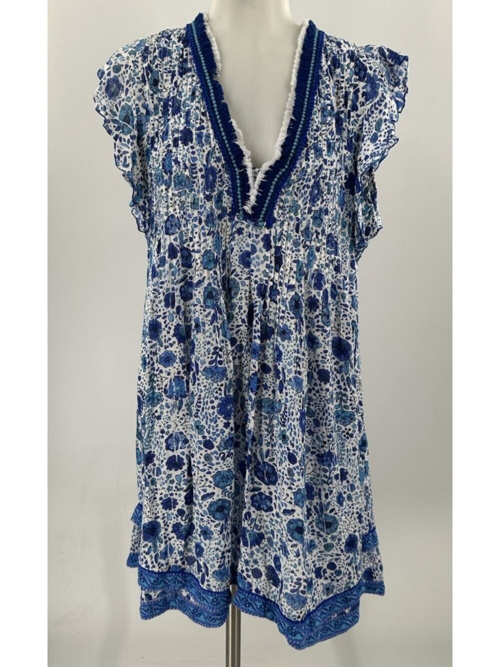 Poupette St. Barth Mini Short Dress Blue Floral VNeck Fringe Pleats Medium